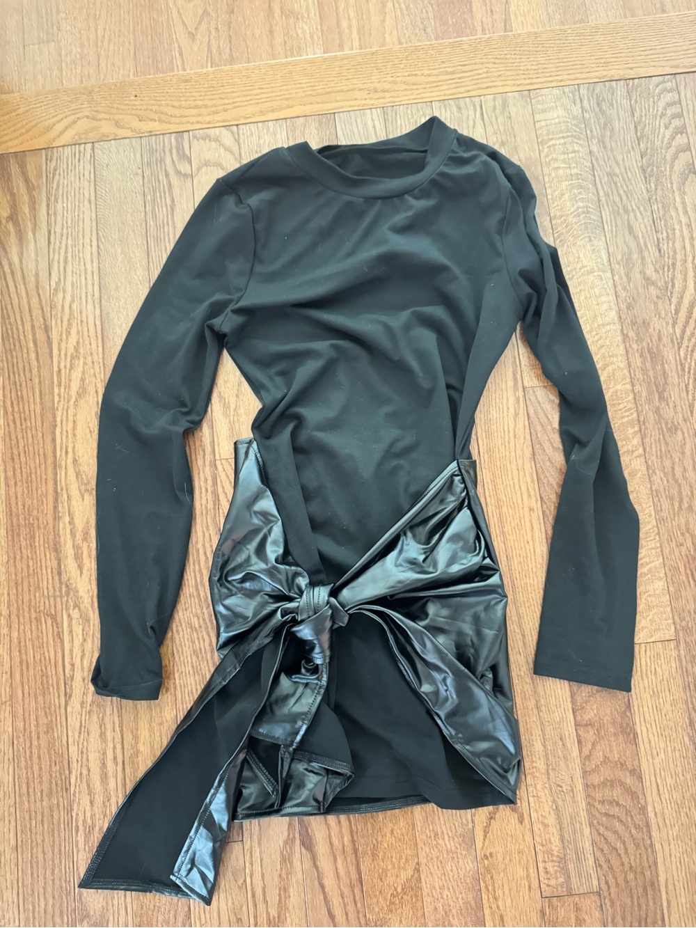 Black Long-Sleeve Dress with Satin Tie Waist